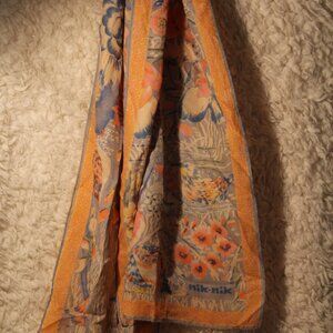 Nik:Nik 1970's Exotic Birds and Lotus Flowers Oblong Scarf